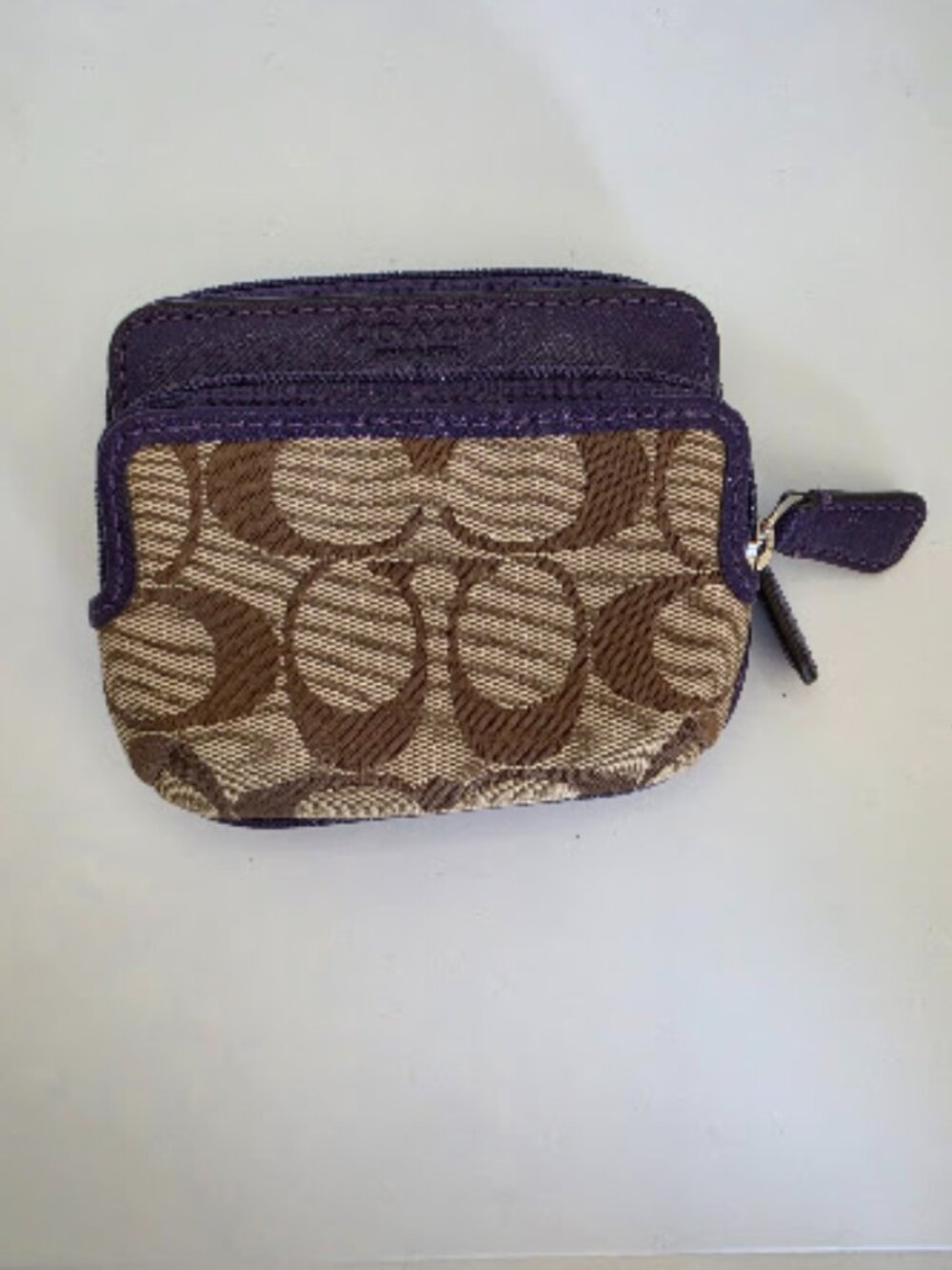 Authentic Coach Vintage Signature Jacquard Double-Zip Coin Purse Wallet – Brown